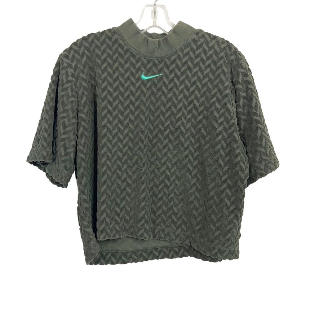 Nike Green Jacquard‎ Terry Cloth High Neck Boxy Fit Short Sleeve Top Size Small